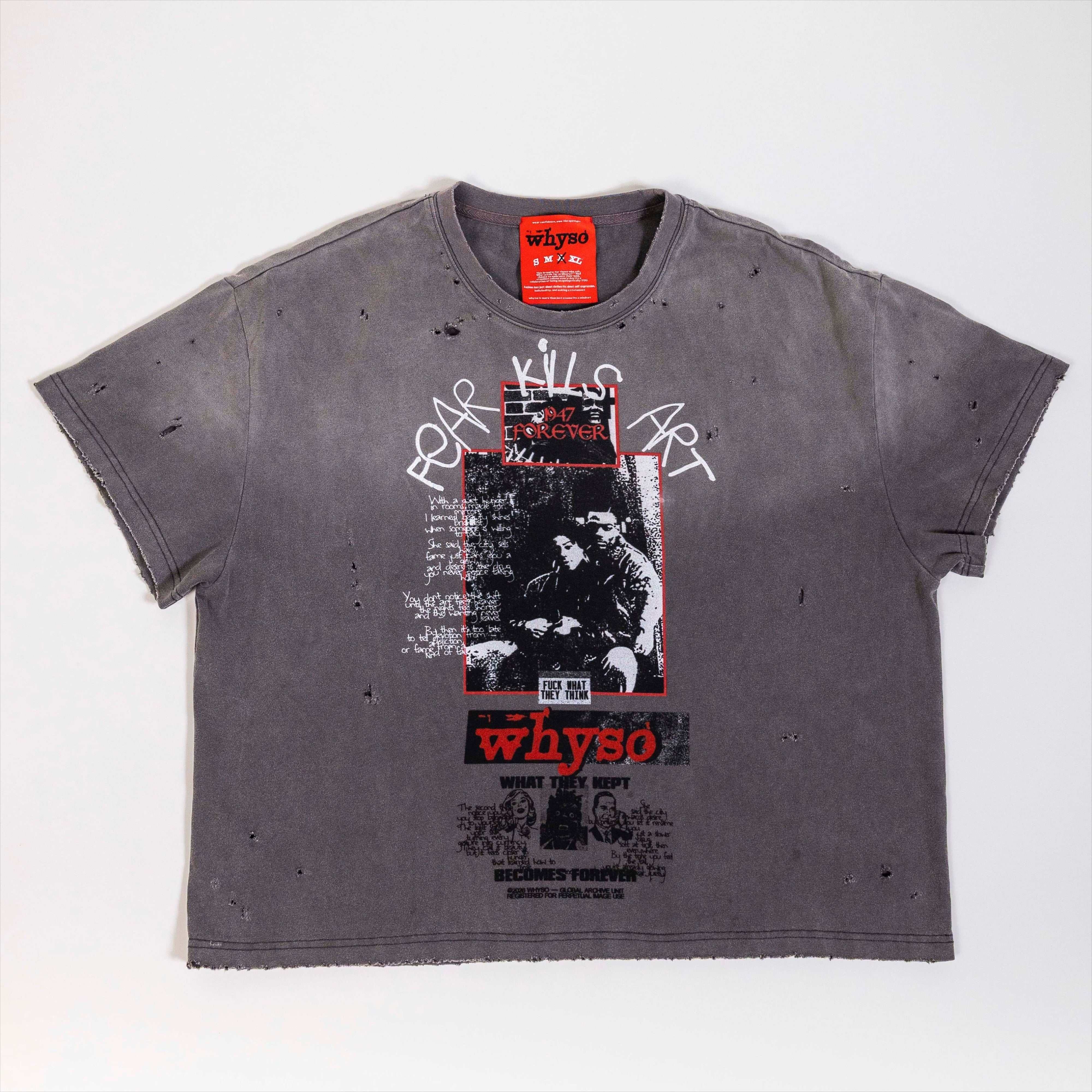Fear Kills Art charcoal washed cotton t-shirt with distressed details, layered graphic artwork, and handwritten style print