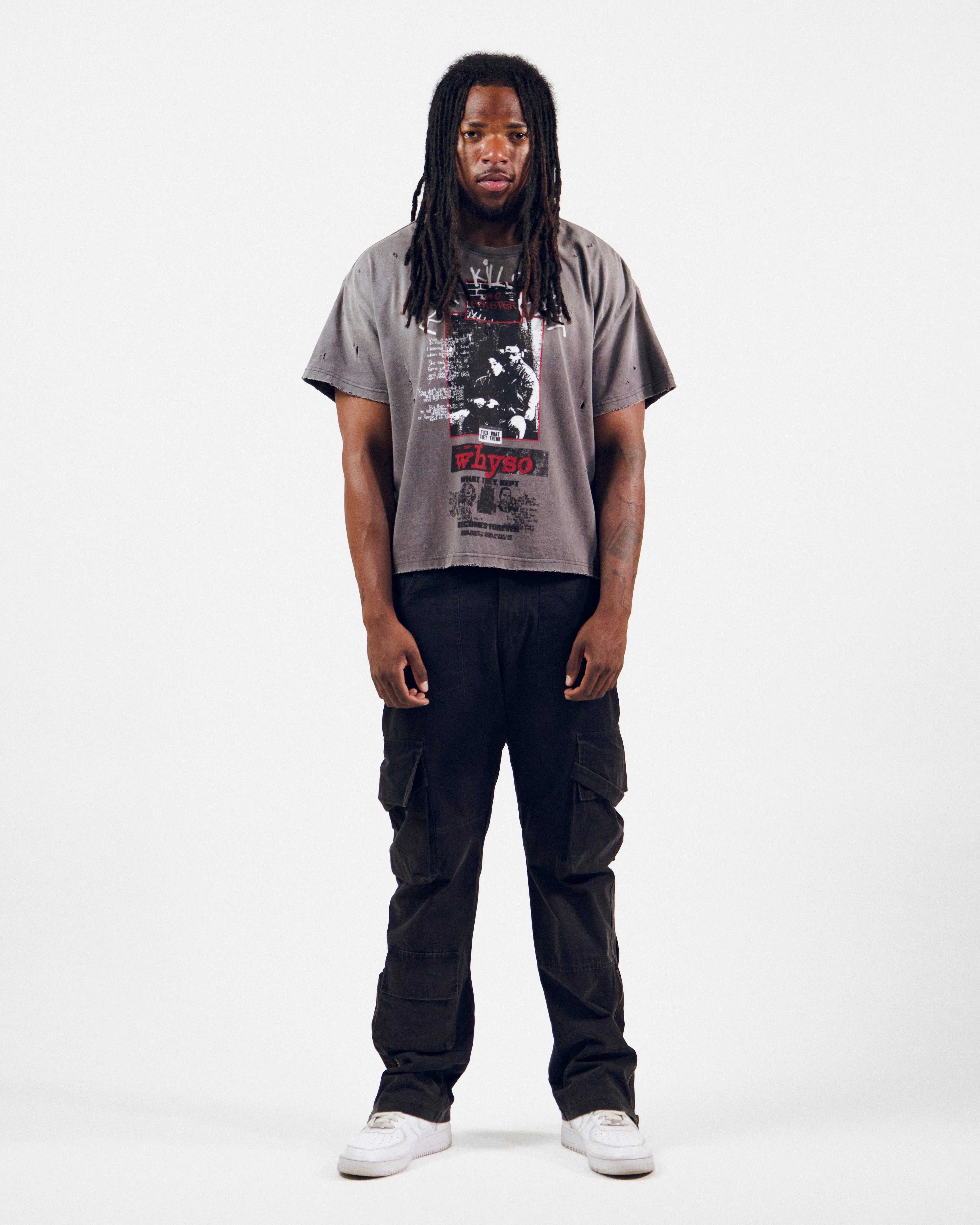 Fear Kills Art t-shirt in faded charcoal cotton with layered graphic, handwritten details, and distressed finish worn by male model