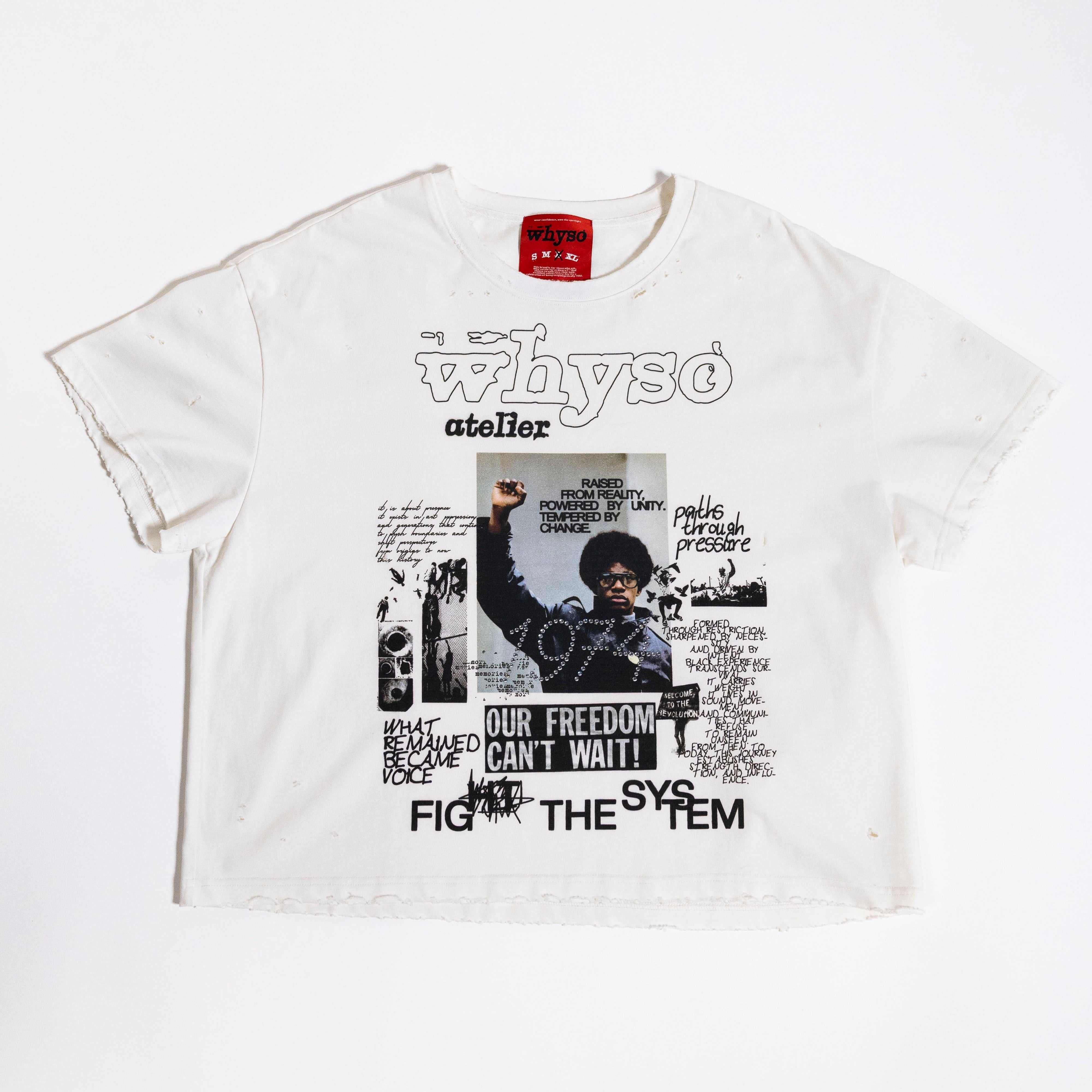 Fight The System T-Shirt in white cotton with bold black graphic print, boxy oversized fit, raw cropped hem